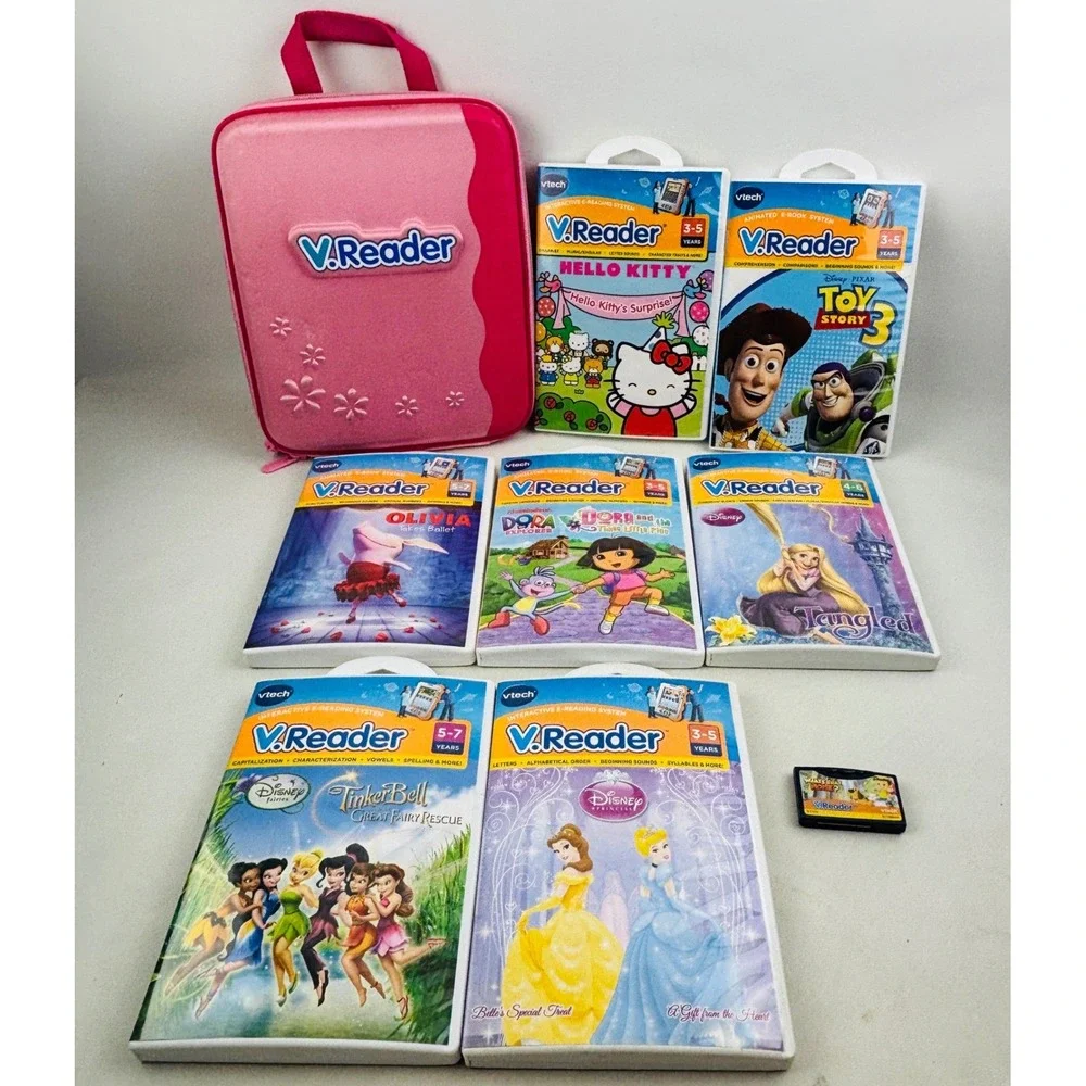 VTech V.Reader Pink Case 8 Game Lot Hello Kitty Toy Story Disney Princess Olivia